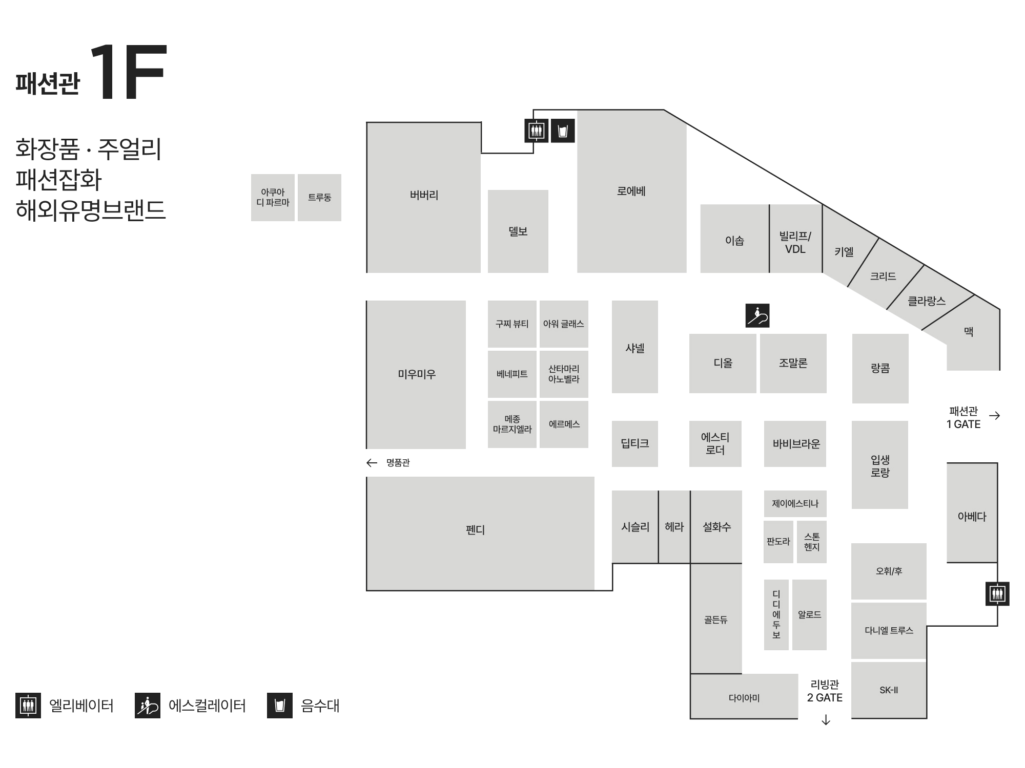 1F 화장품 l 주얼리 l 패션잡화 l 해외유명브랜드 안내도 