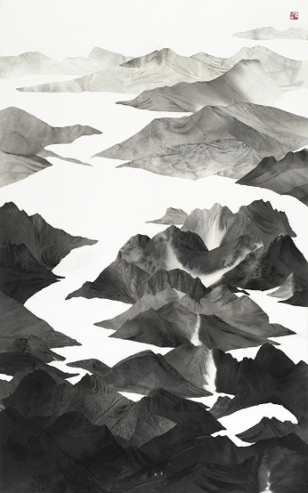어떤 풍경 2021, 화선지에 먹,콩테,콜라주, 117×73cm